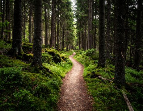 Lush forest path winding into the distance