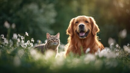 A joyful dog and curious cat enjoying a sunny day in a lush green meadow with wildflowers.