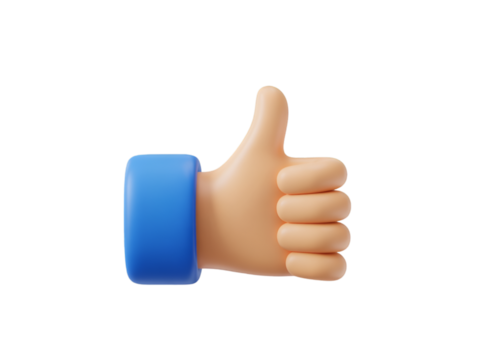 3D Thumbs Up Icon with Blue Sleeve on Transparent Background