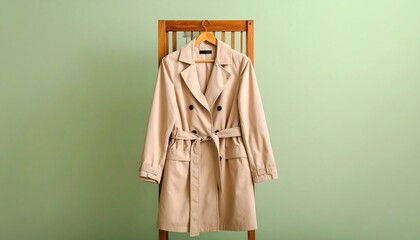 Classic beige trench coat with a belt, elegantly displayed on a wooden hanger and chair against a serene olive green wall background.