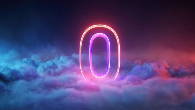 Neon number zero hovering above clouds