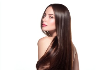 Naklejka premium beautiful woman with straight hair showing her hair