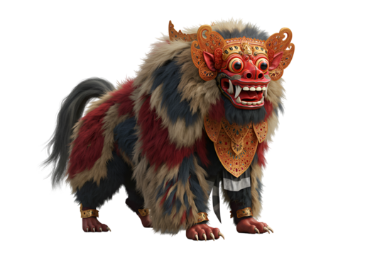 Traditional Balinese Barong Lion Mask Costume with intricate details and vibrant colors on a black