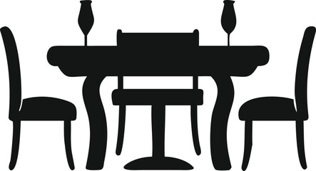 A silhouette vector illustration of a set of black and white office furniture, including a desk, a table, and chairs