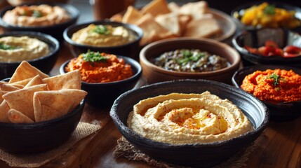 A delicious assortment of colorful dips and spreads served with pita bread on a rustic wooden table setting.