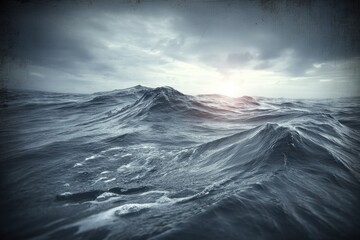 Turbulent ocean waves under a stormy sky, sun peeking through
