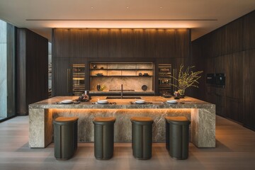 Modern, sophisticated kitchen with a long island