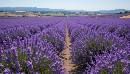 Vast rolling fields of vibrant purple lavender stretch towards distant hills under a clear blue sky a serene natural landscape