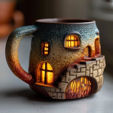 Close-up of a handmade ceramic mug with a beautiful 3D design depicting the old fairy-tale facade of a stone house.