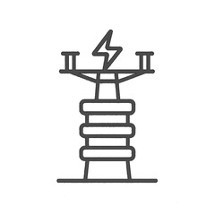 Black and White Line Drawing of Electrical Pylon with Lightning Bolt – Power Transformer Vector Illustration