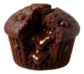 Double chocolate muffin torn, with gooey chocolate center visible.