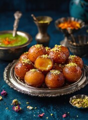 A delicious assortment of golden-brown, round pastries arranged on a decorative silver platter, garnished with finely chopped nuts, and served with various accompanying dishes.