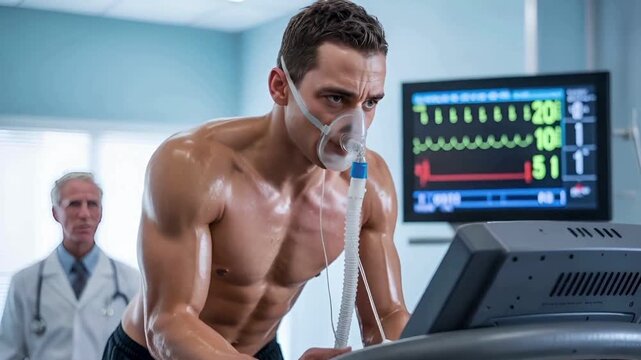 Muscular Man Undergoing a Cardiopulmonary Exercise Test (CPET) on a Treadmill