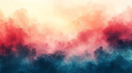 Naklejka premium A vibrant, colorful sky filled with thick, textured clouds. Soft light filters through the hazy atmosphere