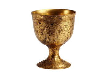 Gold-toned goblet with a wide, shallow bowl and a tapered stem.  Ornate detailing around rim and base