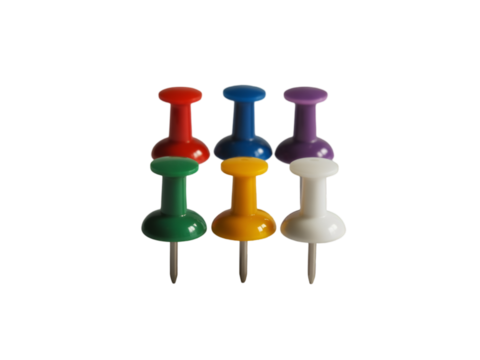 Six colorful pushpins arranged in two rows thumbtack - Powered by Adobe