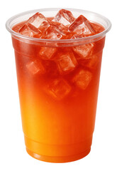 Vertical gradient of orange and red juice with ice cubes in a plastic cup.