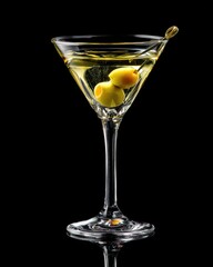Classic Martini Cocktail, Olives, Black Background, Drinks Menu