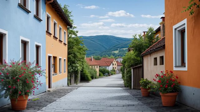 Colorful houses lining a picturesque village street surrounded by mountains and lush greenery