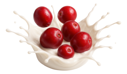Cranberries plunging into velvety yogurt, splashing outward in a starburst.