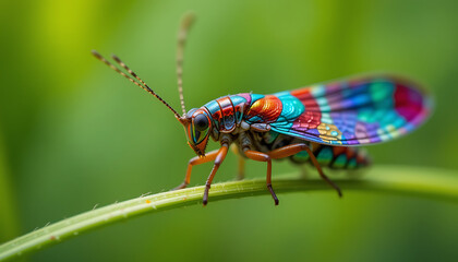 Fototapeta premium A stunningly vibrant lacewing insect with iridescent wings showcasing a kaleidoscope of colors rests on a delicate green blade of grass