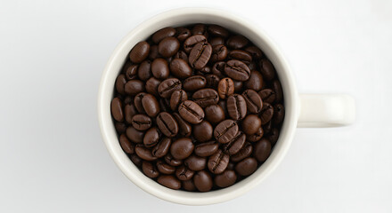 Aromatic Roasted Coffee Beans Filling a Mug, on a White Background.
