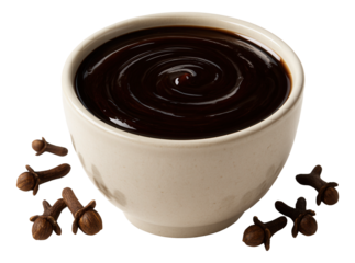 Whole cloves scattered around a ceramic cup of molasses.