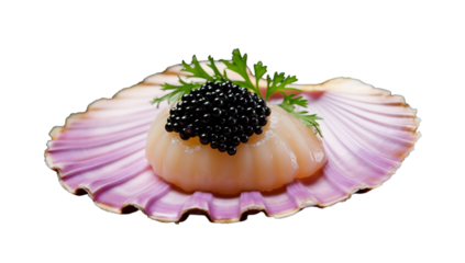 Gourmet Scallop Appetizer: Black Caviar on Shell, Luxury Seafood Dish on transparent background png