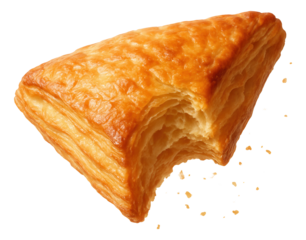 Puff pastry turnover, one side bitten, crumbs drifting in the air.