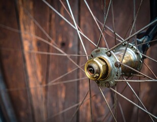 Close-up of a bicycle wheel hub against a rustic wooden wall