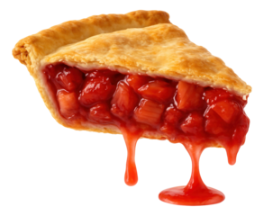 Slice of strawberry rhubarb pie being lifted, with vibrant filling stretching.