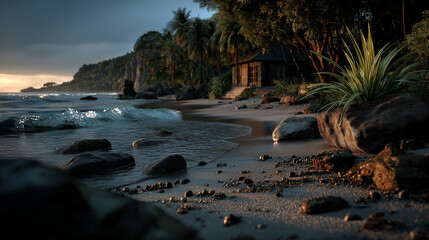 Seaside Cabin on a Secluded Tropical Beach at Dusk