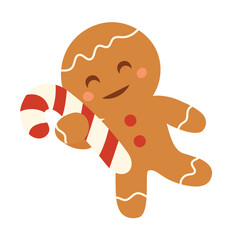 Gingerbread Man Holding Candy Cane. Hand Drawn Vector Art.
