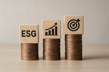 ESG Investments and Goals: A visual representation of Environmental, Social, and Governance principles, with stacked coins showcasing growth toward targeted objectives.
