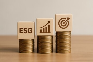 ESG Investment Strategy: Wooden blocks displaying ESG, a rising graph, and a bullseye, are stacked on coins, symbolizing financial growth and sustainability.