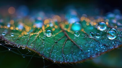 Close-up of a dewy leaf, vibrant colors
