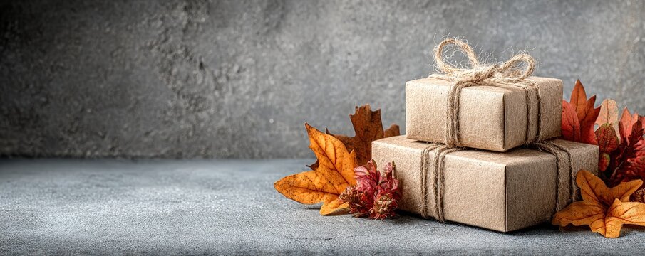 Stacked Kraft Paper Gifts and Autumn Leaves