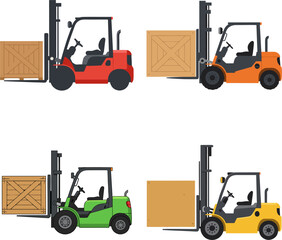 Collection of Colorful Forklifts Transporting Wooden Crates with Precision and Efficiency in a Flat Design Illustration