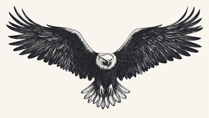 Obraz premium Majestic eagle soars, wings spread, feather details. Black and white, captivating art