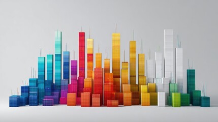 Colorful 3D data visualization, growth chart, studio background, abstract city skyline, infographic design