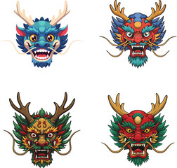 Fototapeta premium Colorful Vector Dragon Head Collection Mythical Creatures and Asian Culture Inspired Designs