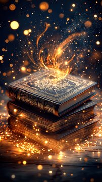 A stack of ancient mystical books surrounded by glowing particles on a wooden table, vertical image