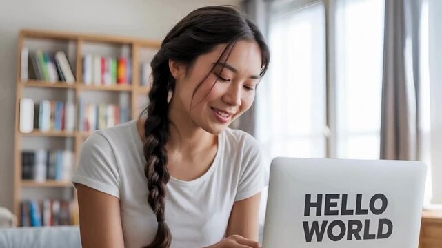 Happy Young Woman Working on Laptop with "Hello World" Message