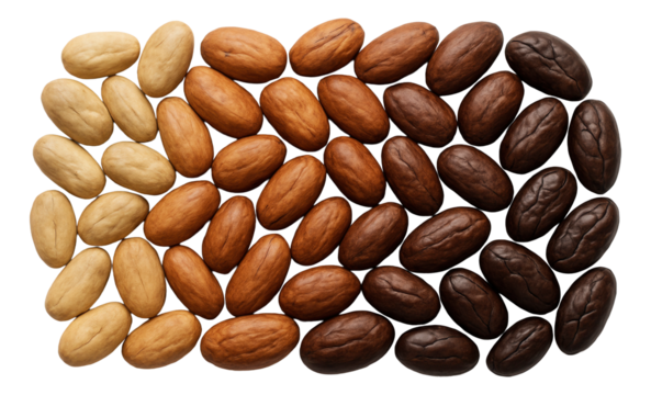 An assortment of cocoa beans, ranging from raw to roasted.