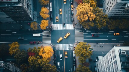 High-angle view of a city street intersection, showing yellow cabs, buildings, and trees with autumn foliage