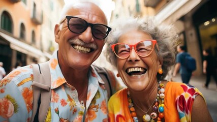 This is a daytime lifestyle video showing a happy senior couple laughing outdoors. They are on vacation and enjoying their time together during a bright sunny day. Their joy is evident