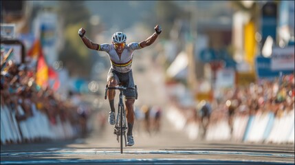 Cyclist triumphantly crossing finish line with cheering crowd in background during race, illustrating the idea of success and accomplishment in competitive cycling.