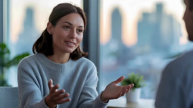 Confident Woman Discussing Ideas in Modern Office Setting