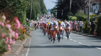 Fototapeta premium Bicyclists compete along a sun-drenched path flanked by lush scenery and enthusiastic onlookers, illustrating the idea of competitive sports in a peaceful natural environment.