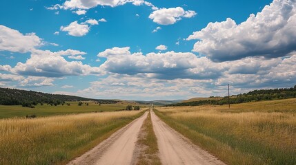 Empty dirt road stretches into a sunny, cloud-filled sky